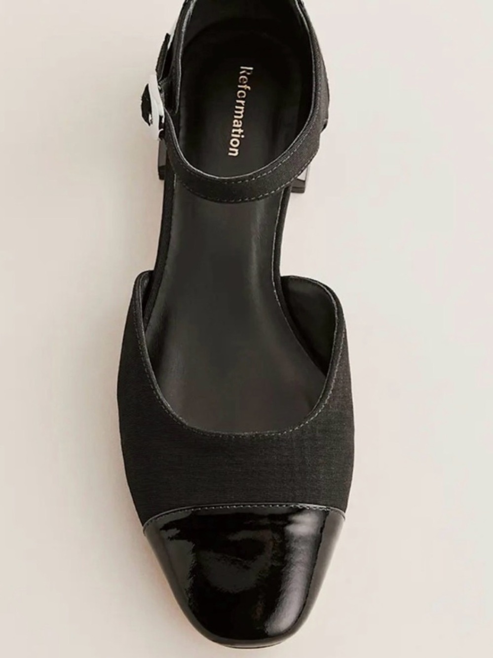 Reformation Mary Jane Black Two-Texture Ankle-Strap Flat